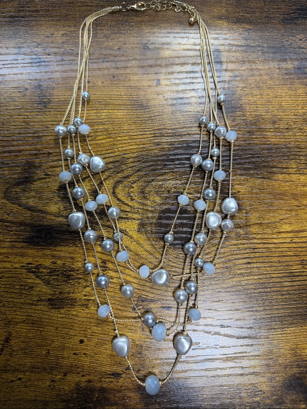 Gold Multi-Strand Faux Pearl & Opal Bead Necklace